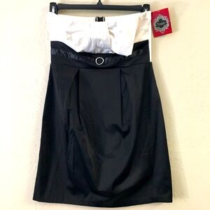 Vintage Trixxi Strapless Mini Dress 9 Black White Satin Rhinestones Y2K 90's NEW